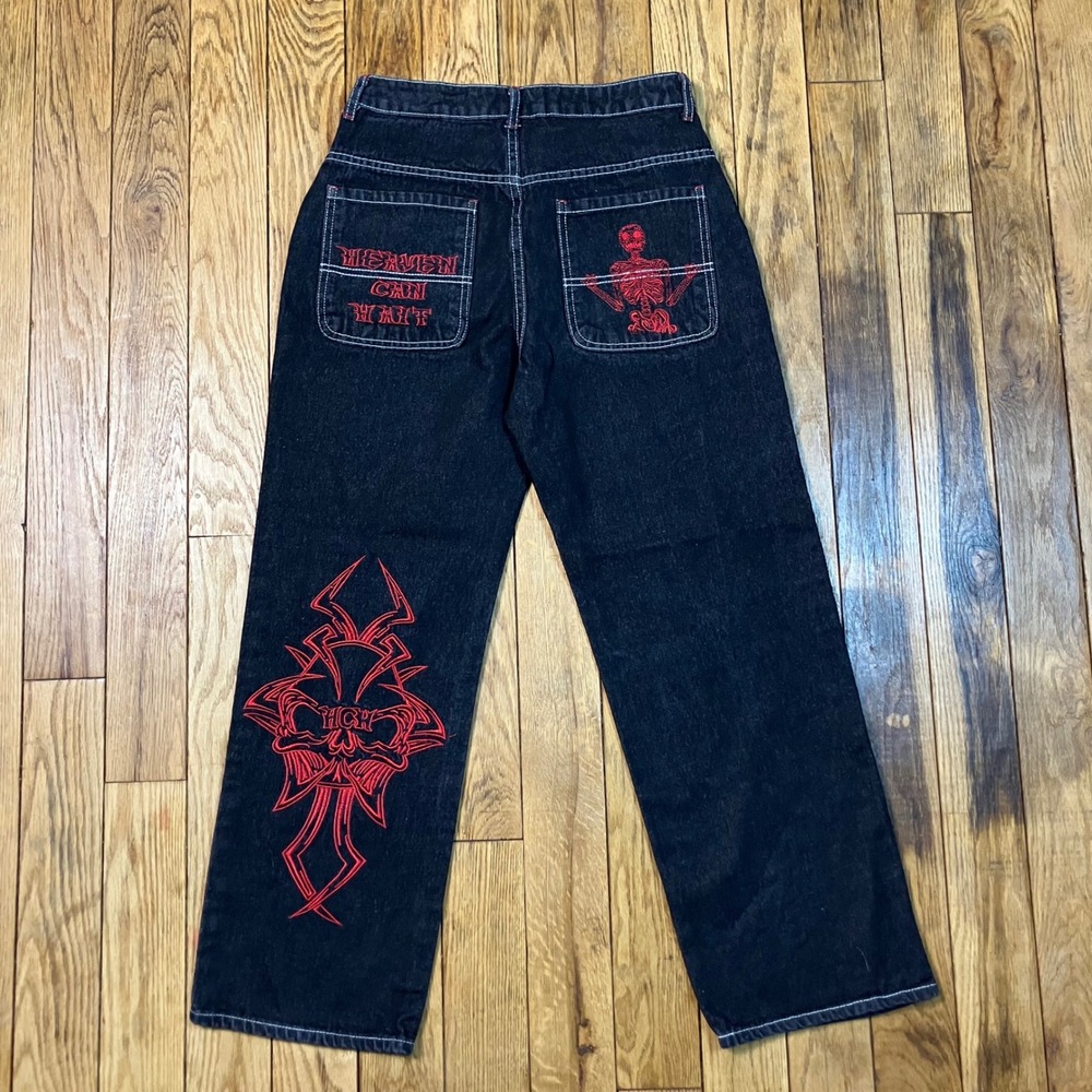 Black Jeans with Red Embroidery